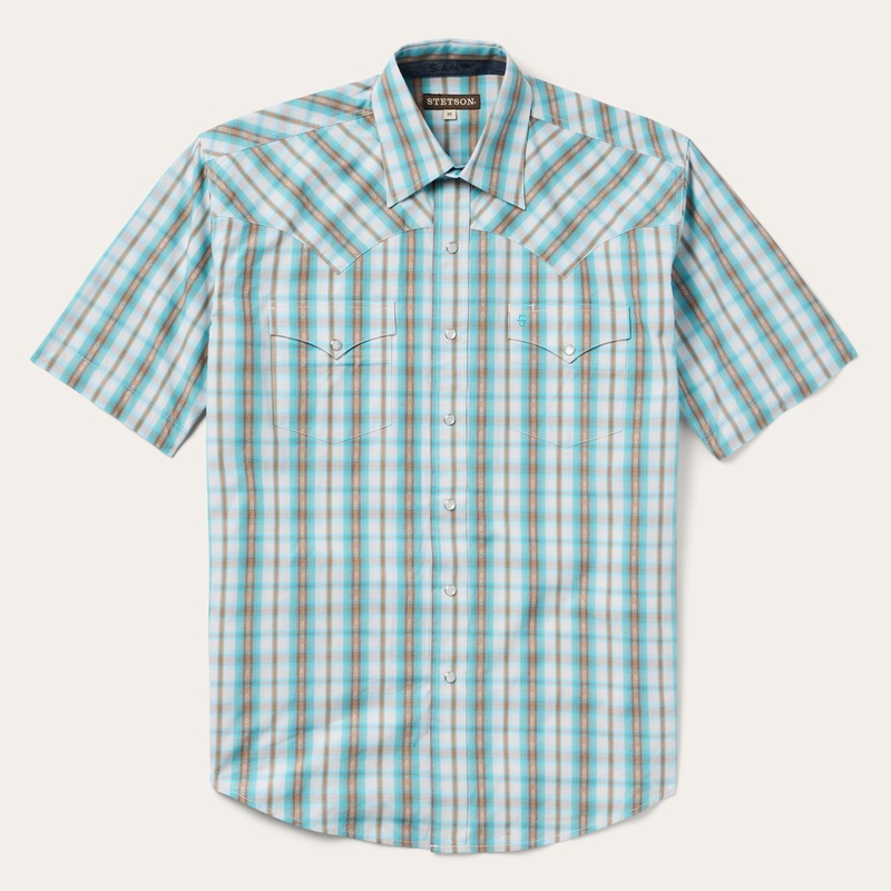 Turquoise Plaid Short-Sleeve Western Shirt Green S
