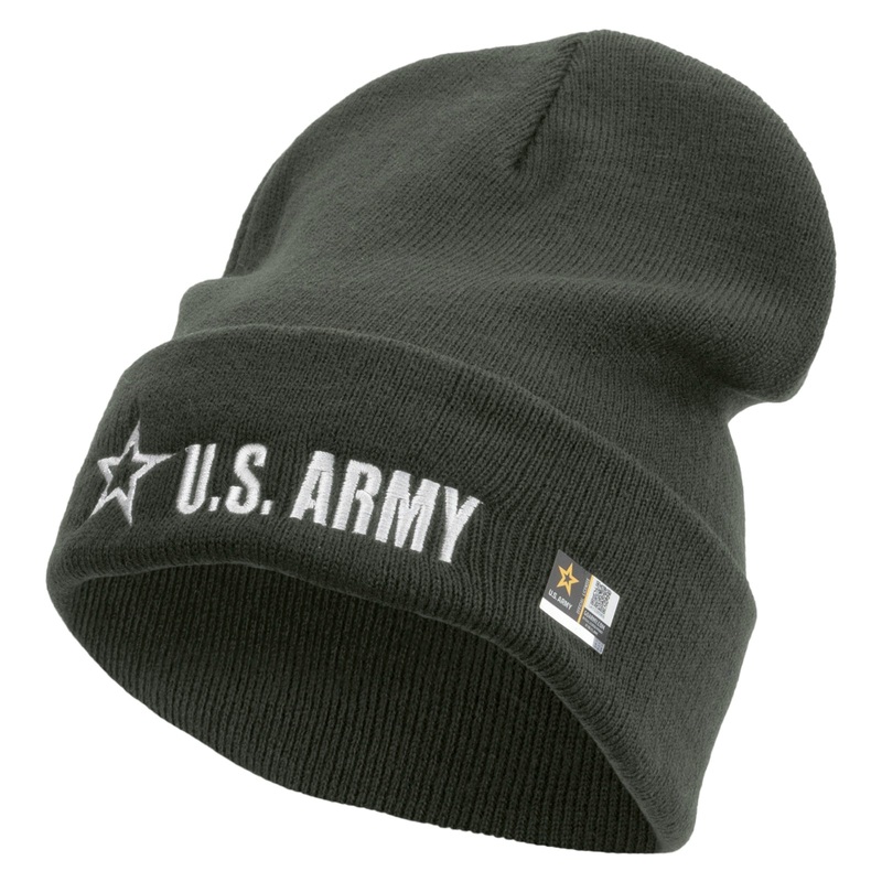 US Army Star Embroidered 12 Inch Long Knitted Beanie Dk Grey One Size
