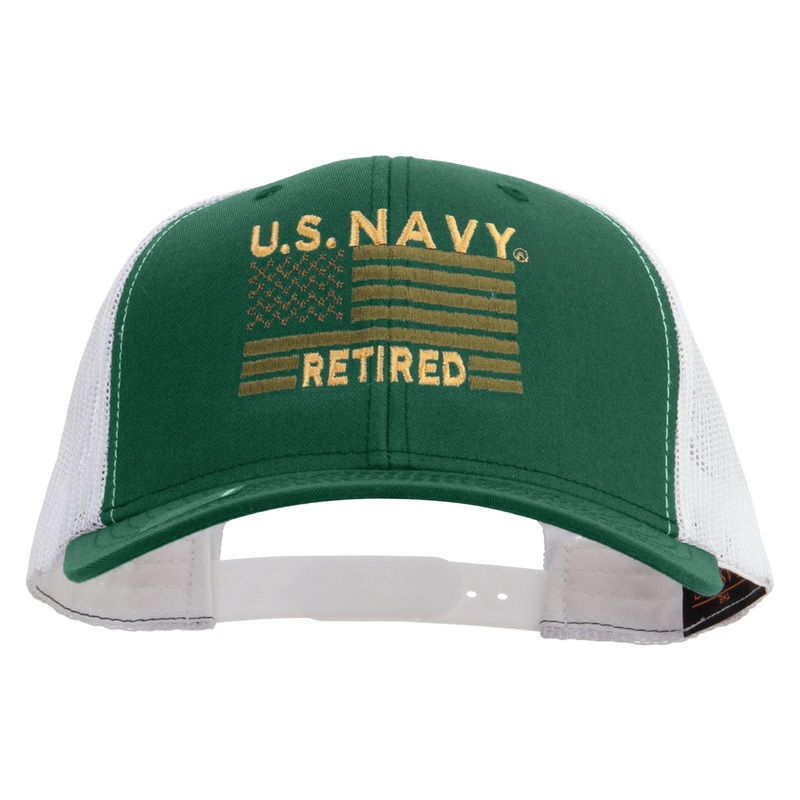 US Navy Retired Flag Embroidered Contrast Trucker Cap Evergreen White One Size
