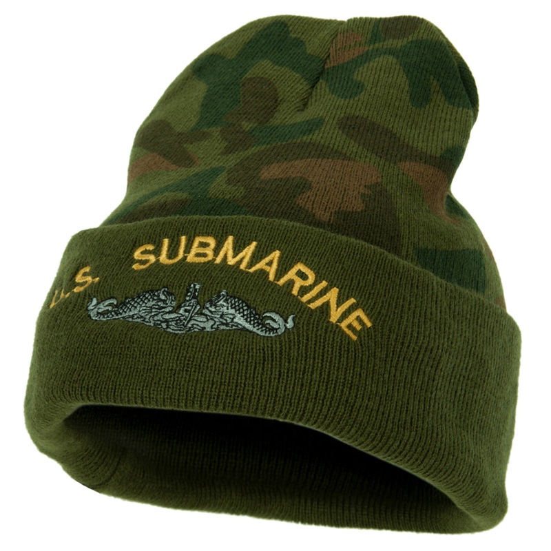 US Submarine Logo Military Embroidered Camo Long Beanie Green One Size
