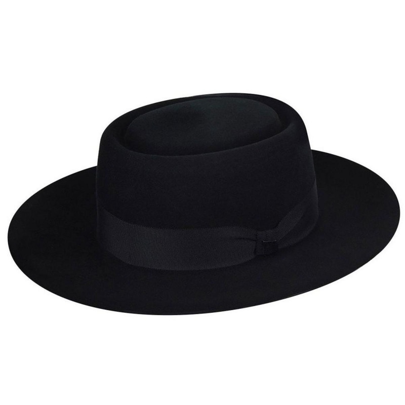 Walsh Polished Wide Brim Wool Felt Pork Pie Hat BLACK S