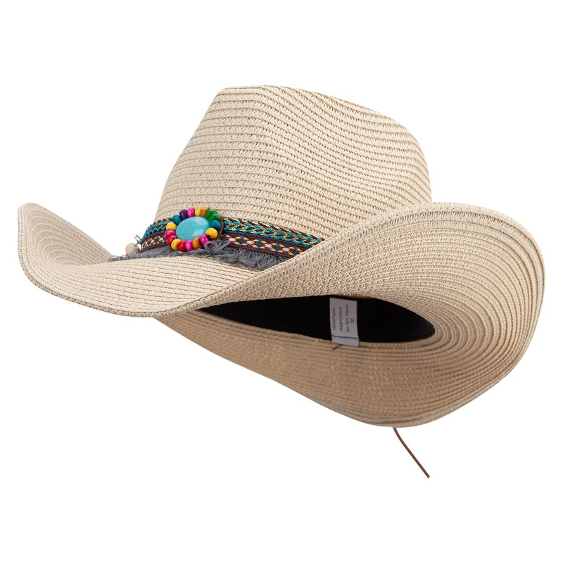 Women’s Cowboy Hat with Tassle and Bead Beige One Size