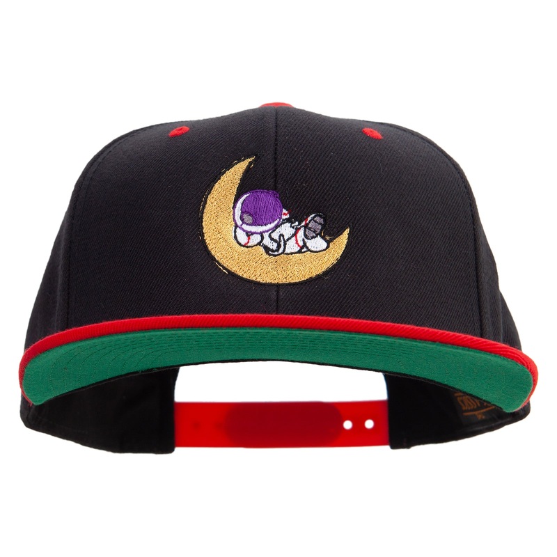 Astronaut on the Moon Embroidered Wool Blend 2 Tone Classic Snapback Black Red One Size