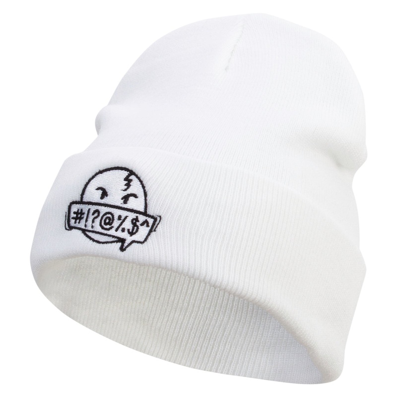 Comic Swear Emoji Embroidered 12 Inch Long Knitted Beanie White One Size