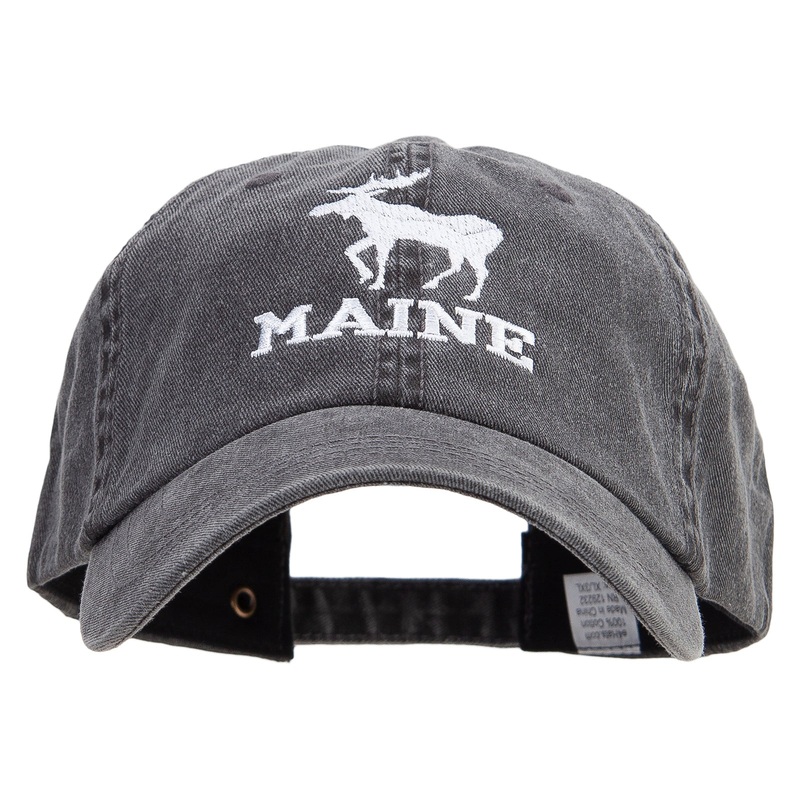 Maine State Moose Embroidered Big Size Washed Pigment Dyed Cap Black XL-3XL