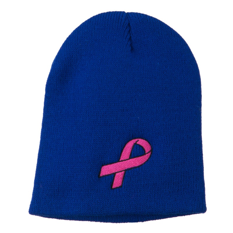 Pink Ribbon Breast Cancer Embroidered Short Beanie Royal One Size