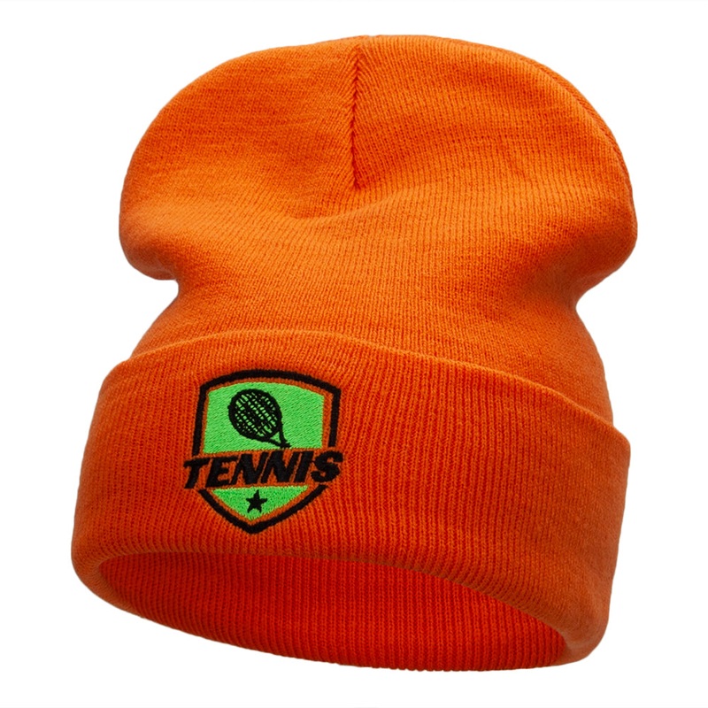 Tennis Racquet Logo Embroidered Long Knitted Beanie Orange One Size