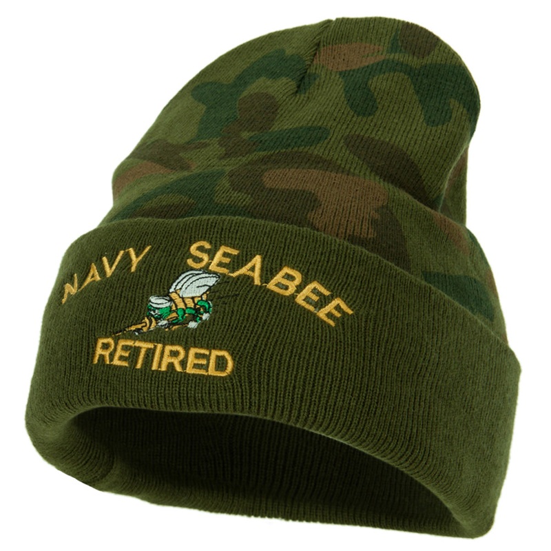 US Navy Seabee Retired Military Embroidered Camo Long Beanie Green One Size