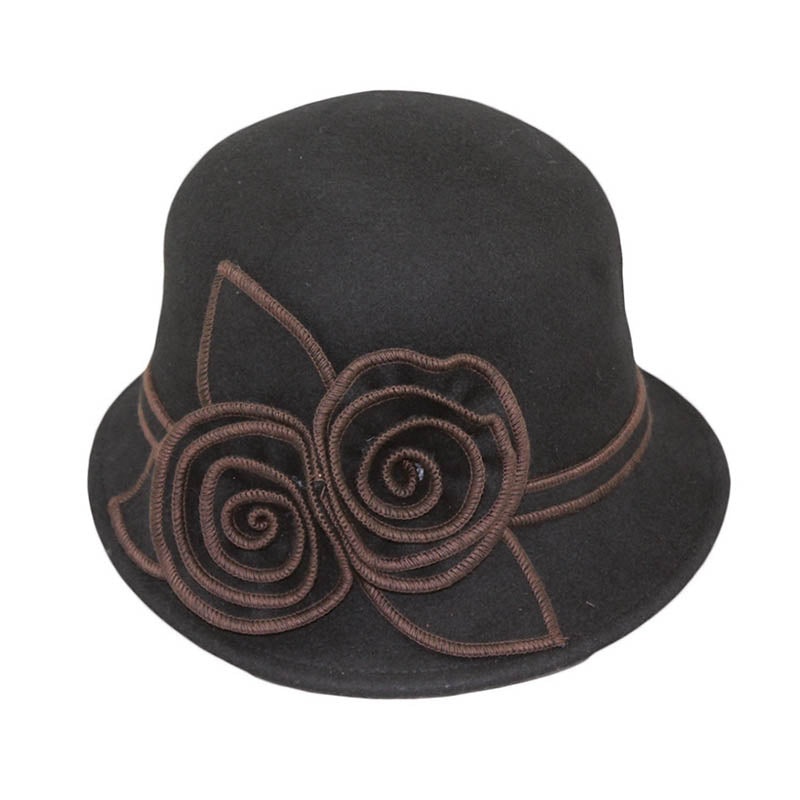 Wool Felt Cloche with Floral Accent – JSA Women’s Hats Black Medium (57 cm)