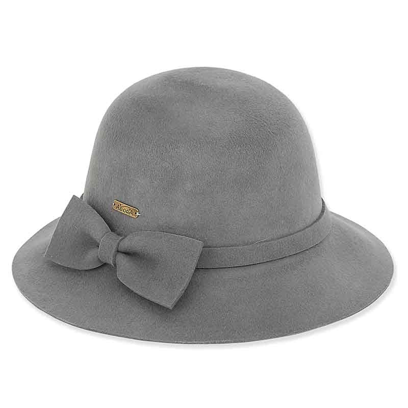 Adora Wool Hat – Long Haired Wool Felt Cloche with Bow Grey