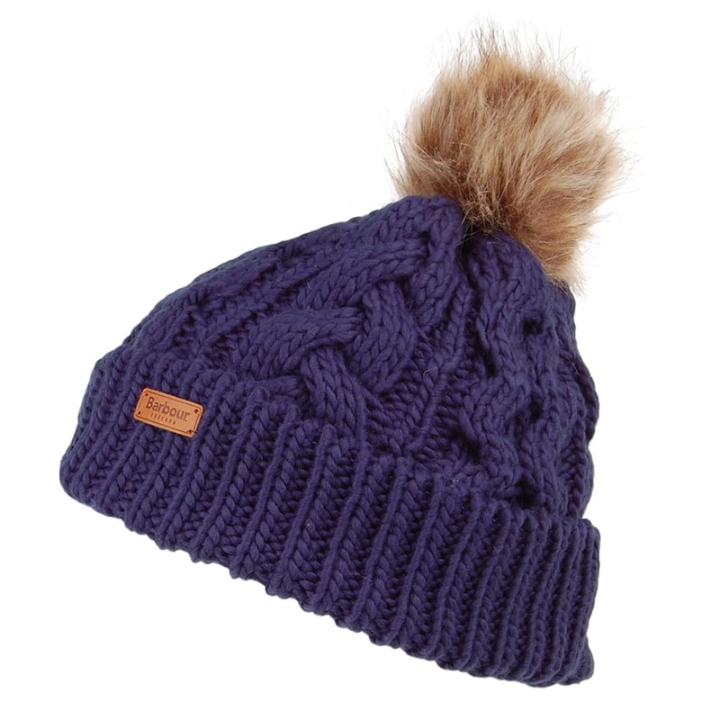 Barbour Hats Penshaw Cable Knit Faux Fur Pom Bobble Hat – Navy Blue 1-Size