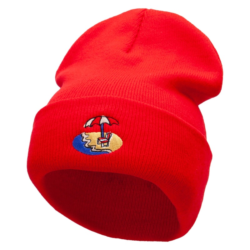 Beach Chair Embroidered 12 Inch Long Knitted Beanie Red One Size