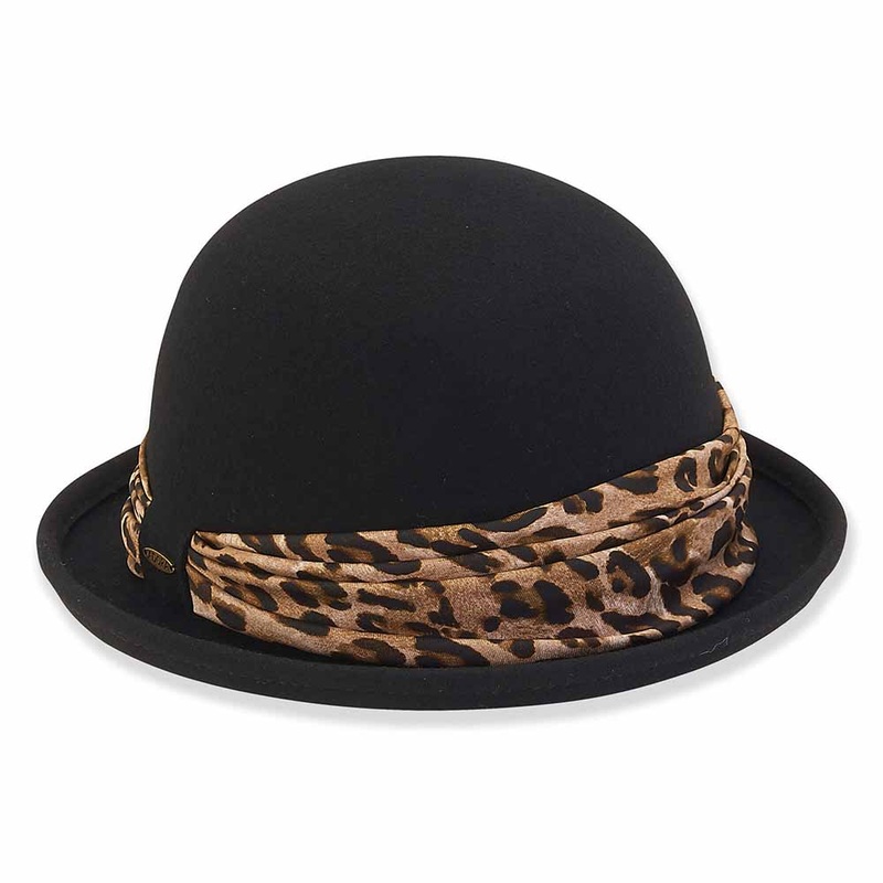 Bowler Hat with Animal Print Band – Adora Wool Hats Black Medium (57 cm)