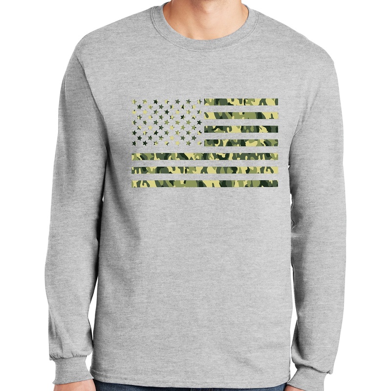 Camo Pattern Flag Graphic Design Men’s Big Size Gildan Ultra Cotton Long Sleeve T-Shirt Ash XS
