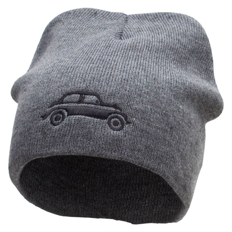 Classic Bug Symbol Car Embroidered Big Size 8 Inch New Solid Color Short Beanie Charcoal XL-3XL