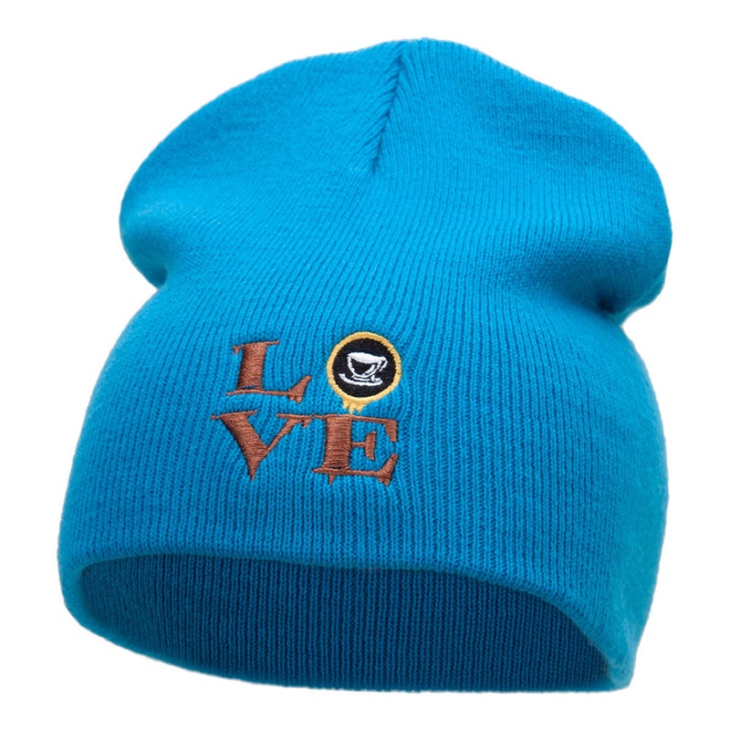 Coffee Lover Embroidered Short Knitted Beanie Aqua One Size