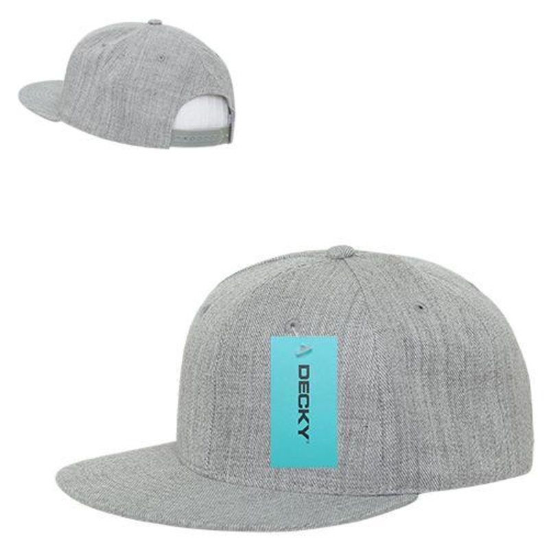 Decky 362 – Solid Color Snapback Hat, 6 Panel Flat Bill Cap Heather Grey