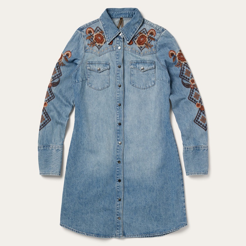 Floral Embroidered Denim Shirt Dress Blue XS