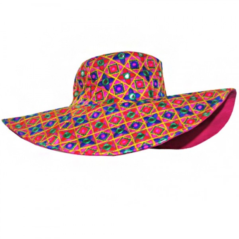 Hot Pink Bohemian Hat Accented with Tiny Mirrors – America and Beyond Hot Pink OS