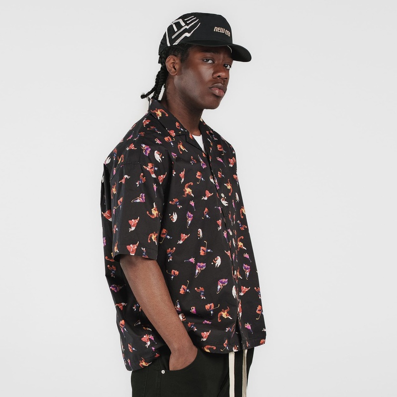 New Era Branded Resort Black Open Collared Shirt S
