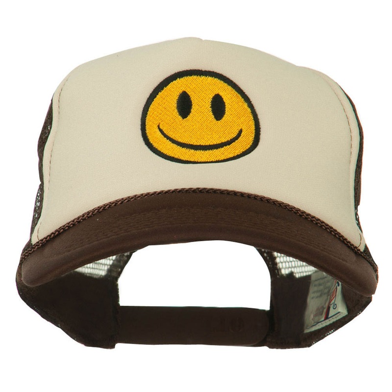 Smile Face Embroidered Foam Mesh Back Cap Brown Tan One Size