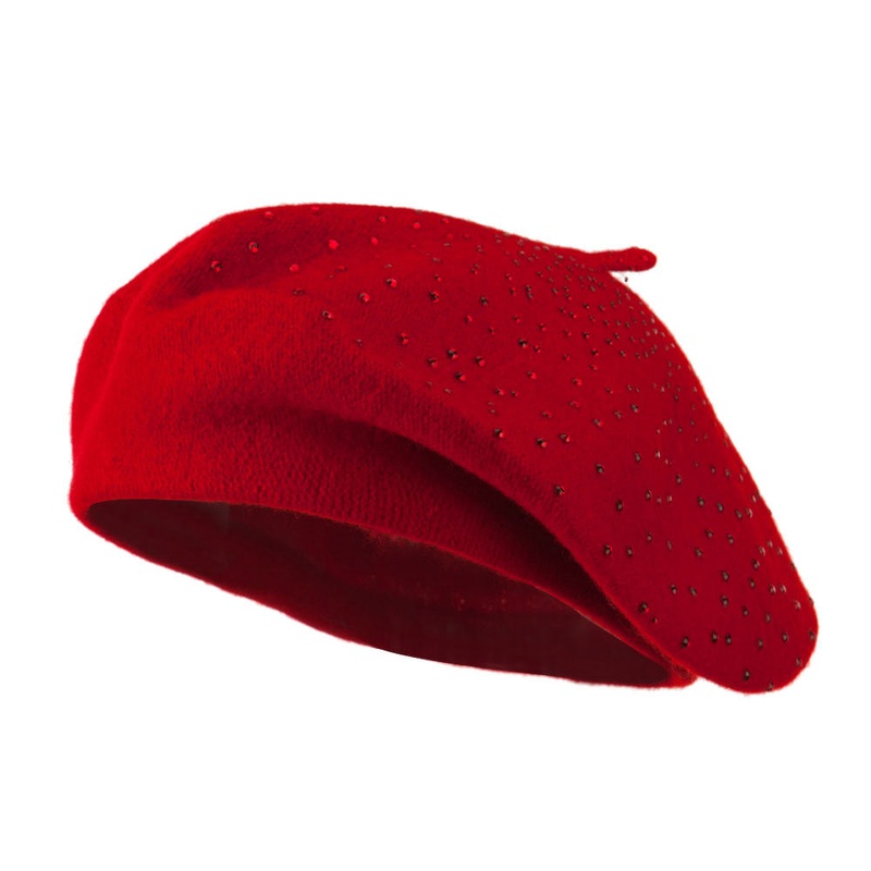 Wool Beret with Bead Spiral Design Red One Size