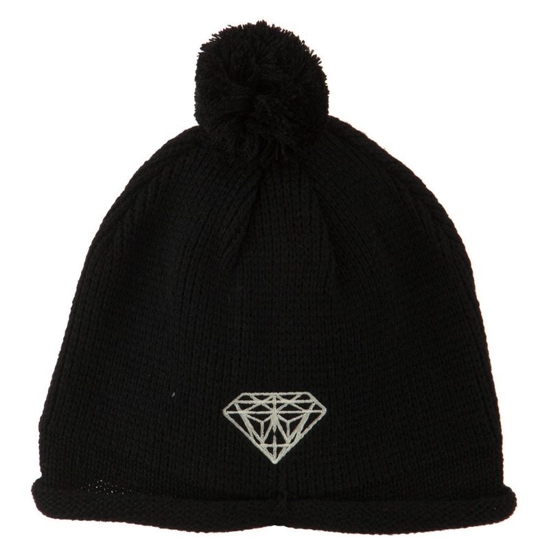 Diamond Embroidered Pom knitting Hat Black One Size