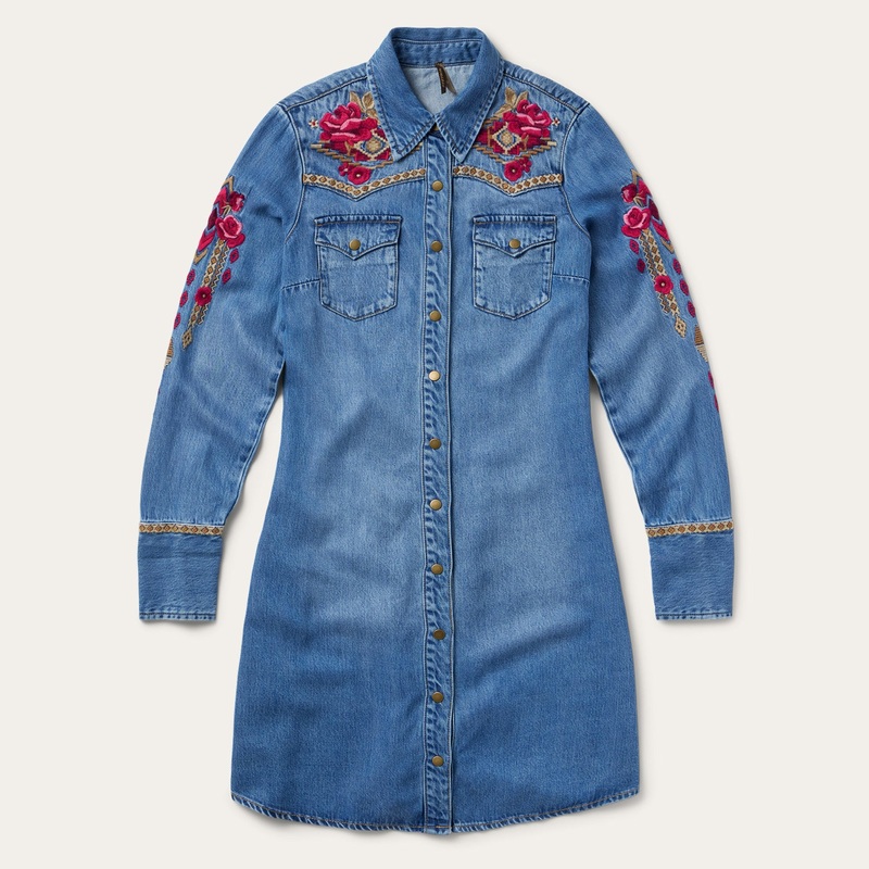 Embroidered Denim Shirt Dress Dark Blue XS