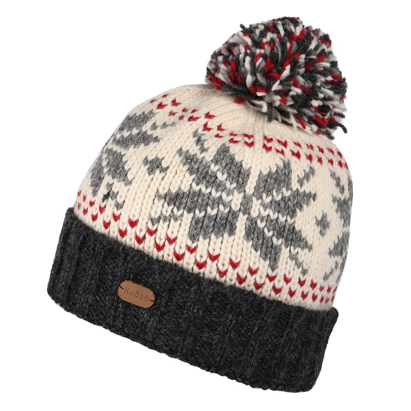 Kusan Snowflake Turn Up Bobble Hat – White-Grey 1-Size