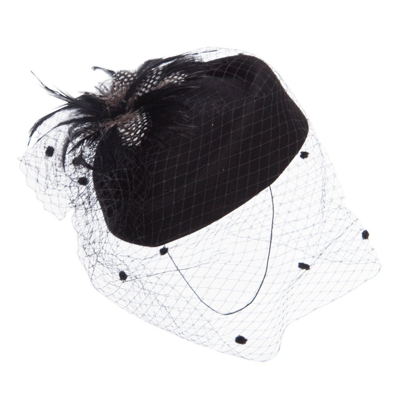 Lace and Feather Wool Pillbox Black One Size