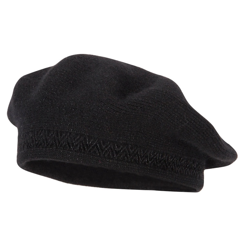 Ladies Metallic Thread Detailed Acrylic Angora Beret Hat Black One Size