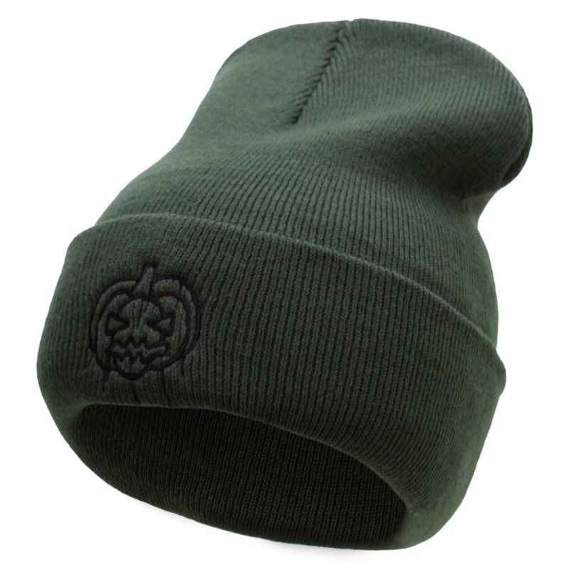 Melting Pumpkin Embroidered 12 Inch Long Knitted Beanie Olive One Size
