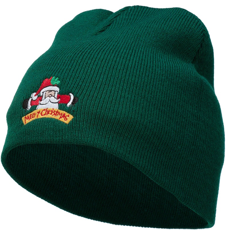 Merry Christmas Santa Claus Embroidered Short Beanie Dk Green One Size