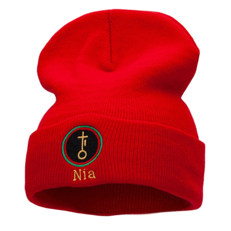 Nia is Purpose Embroidered Knitted Long Beanie Red One Size