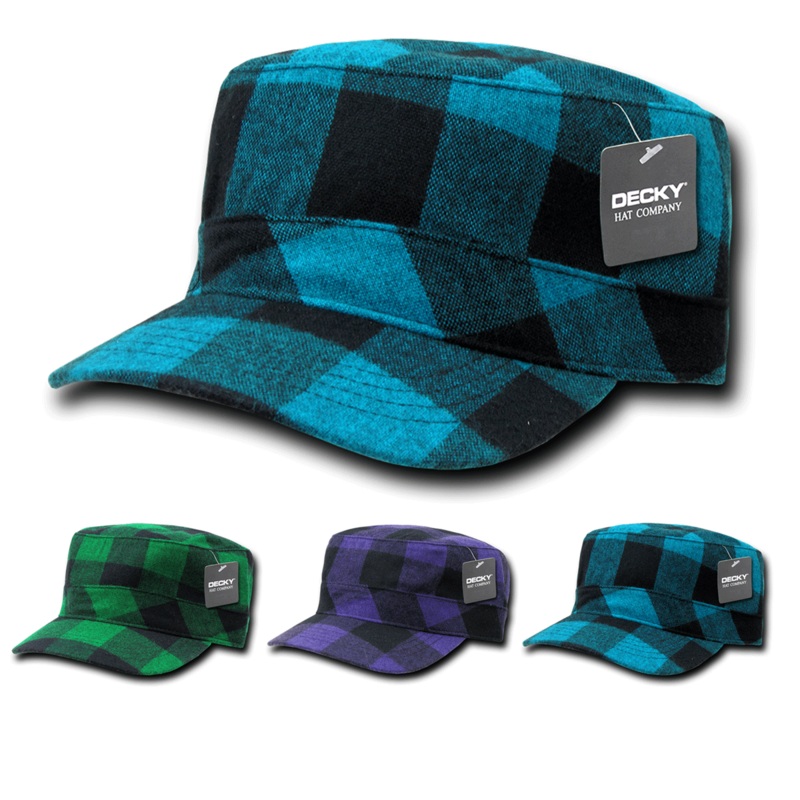 Plaid Flannel Flat Top Cap, BDU GI Cadet Military Patrol Hat – Decky 905 Green Plaid