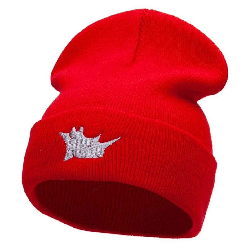 Rhino Head Embroidered 12 Inch Long Knitted Beanie Red One Size