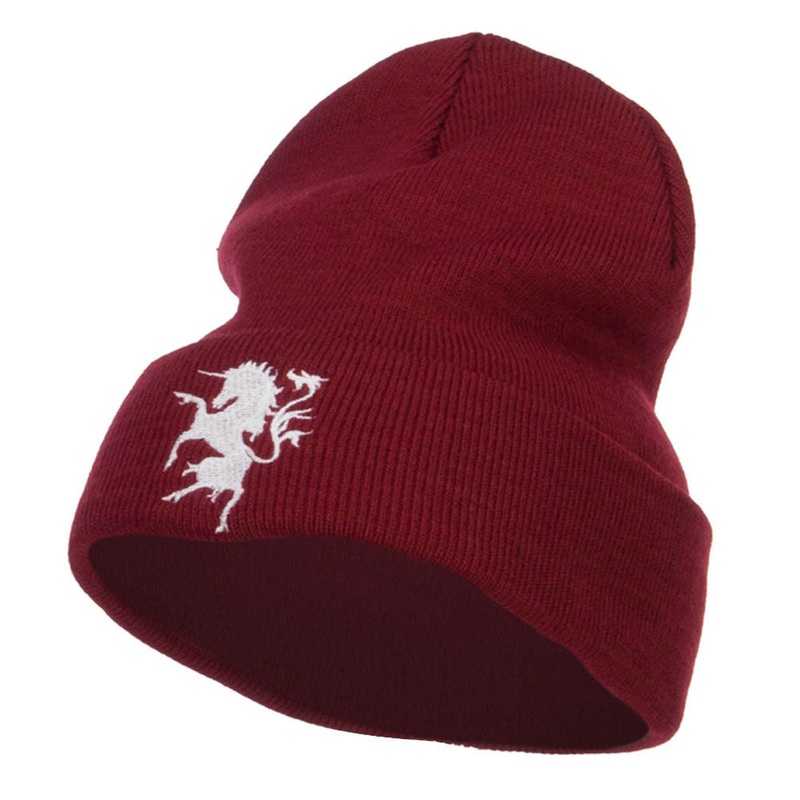 Unicorn Emblem Embroidered Long Beanie Maroon One Size