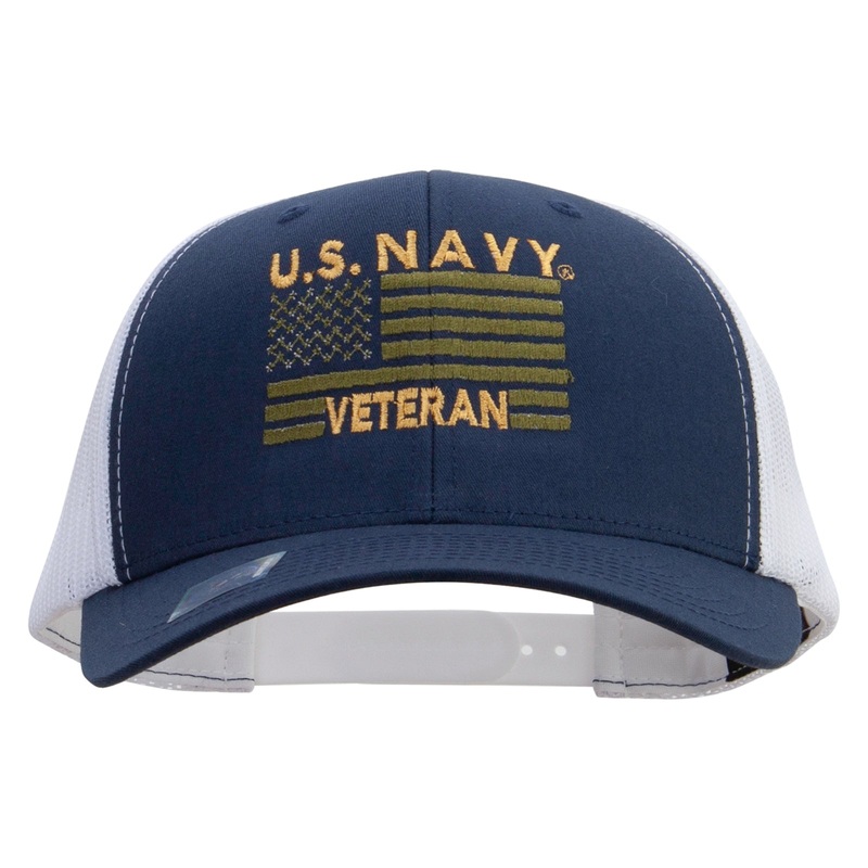 US Navy Veteran Flag Embroidered Contrast Trucker Cap Navy White One Size