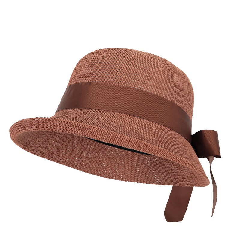 Women’s Paper Woven Turn Up Front Brim Wide Ribbon Cloche Hat Rust One Size