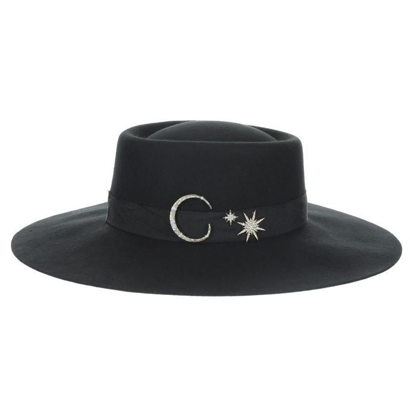 Aphrodite Wool Felt Gaucho Hat with Celestial Charms – Scala Hats Black Medium (57 cm)