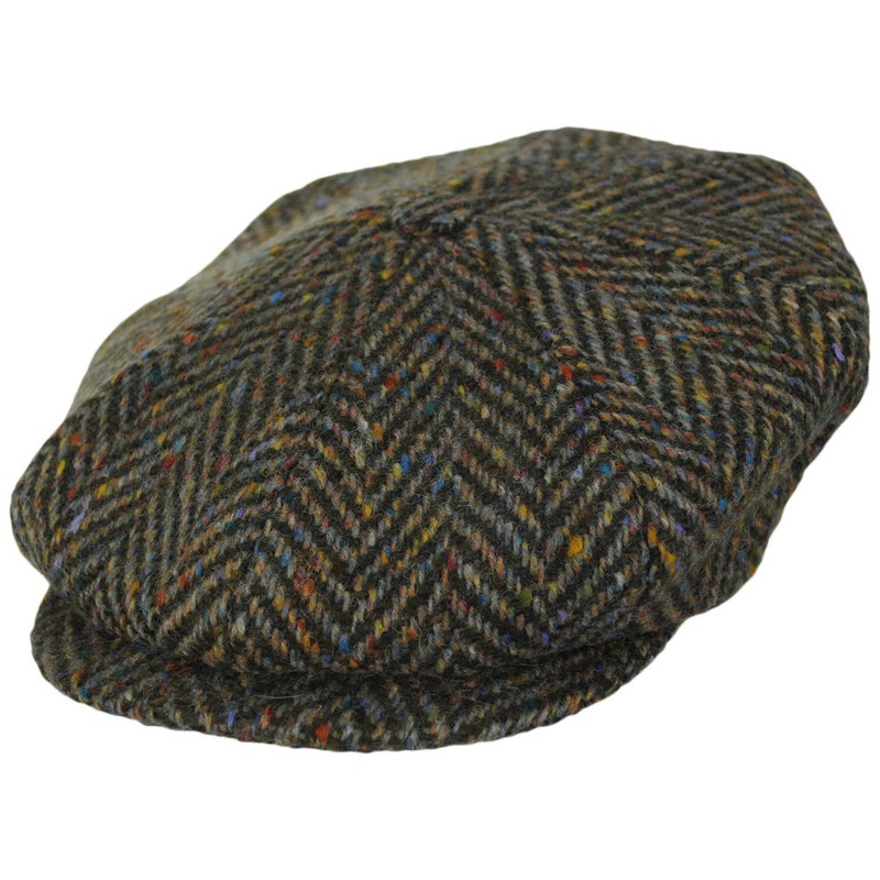 Large Herringbone Donegal Tweed Wool Newsboy Cap OLIVE MULTI S