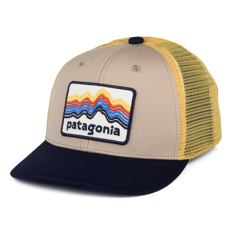 Patagonia Hats Kids Ridge Rise Stripe Organic Cotton Trucker Cap – Tan-Navy-Yellow CHILD ADJ.