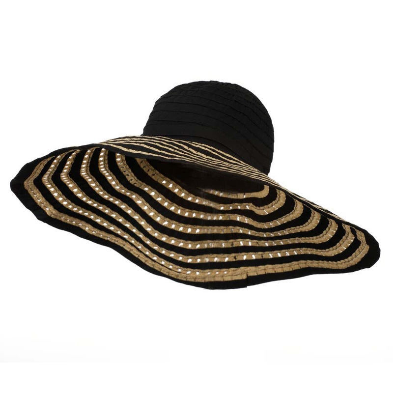 Striped Hat with Flower And Ribbon Design Black One Size