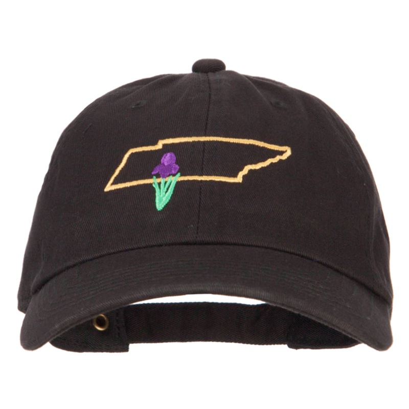 Tennessee Iris with Map Embroidered Unstructured Washed Cap Black One Size