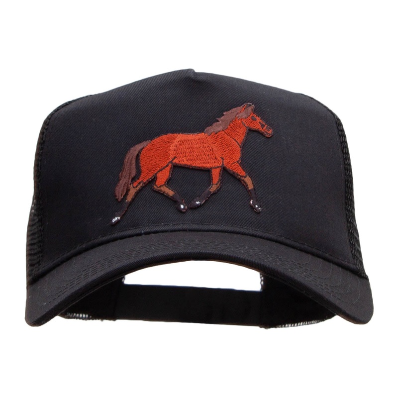 Trotting Equestrian Horse Solid Cotton Twill 5 panel Mesh Back Patched Cap Black One Size