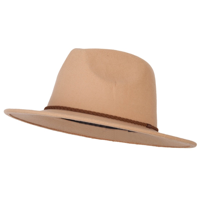 Unisex Braid Leatherette Band Trim Large Brim Polyester Fedora Hat Camel M