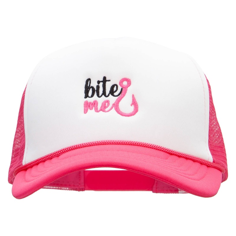 Bite Me Embroidered Foam Panel Mesh Snapback Cap Pink White One Size