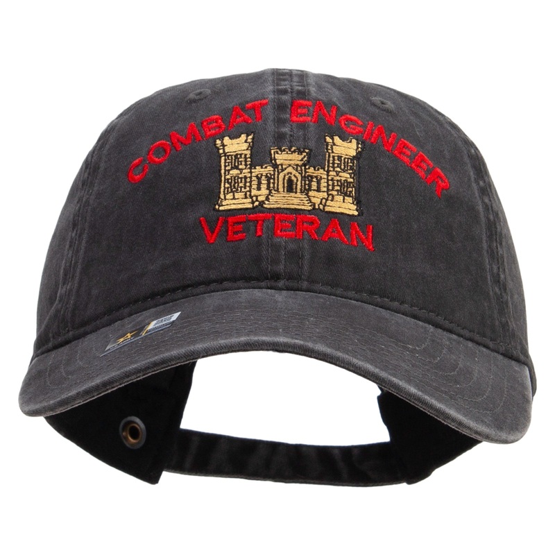Combat Engineer Veteran Embroidered Washed Solid Pigment Dyed Cotton Twill Brass Buckle Cap Black One Size