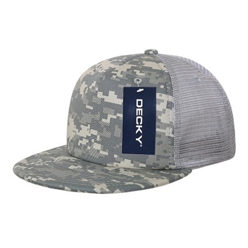 Decky 254 5 Panel Camo Foam Trucker Hat, Flat Bill Camouflage Trucker Cap Acu/Acu/Grey