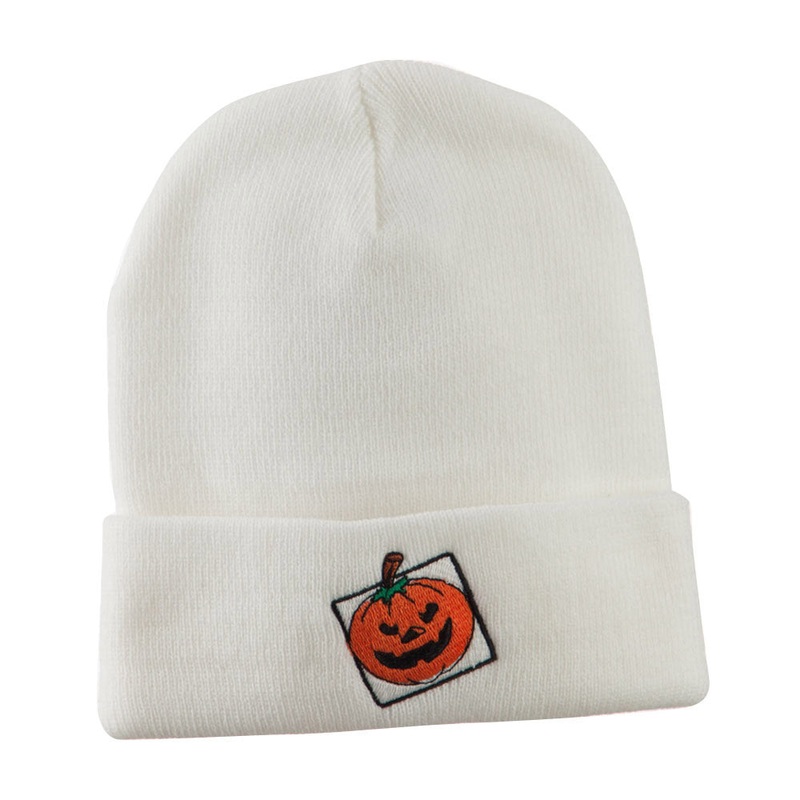 Halloween Jack o Lantern with a Square Box Embroidered Long Beanie White One Size